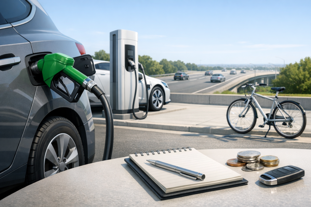 Editorial illustration of a highway, electric vehicle charger, bicycle lane, and gas pump