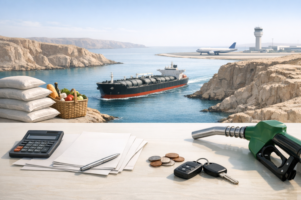 Editorial illustration of an oil chokepoint, fuel pump, travel ticket, and household bills