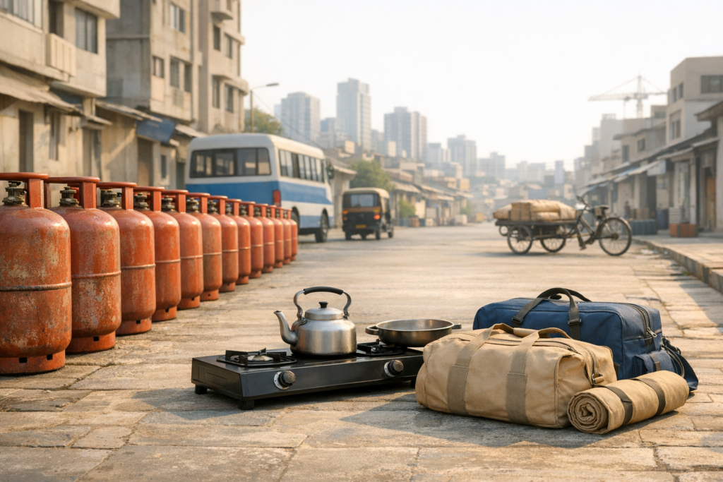 Editorial illustration of queued cooking gas cylinders, a crowded city lane, and packed bags for return travel
